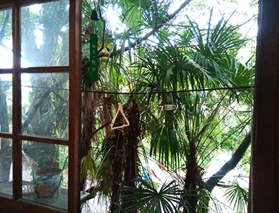 窓を開けた写真。物干しざおにハンガーがかかっている。